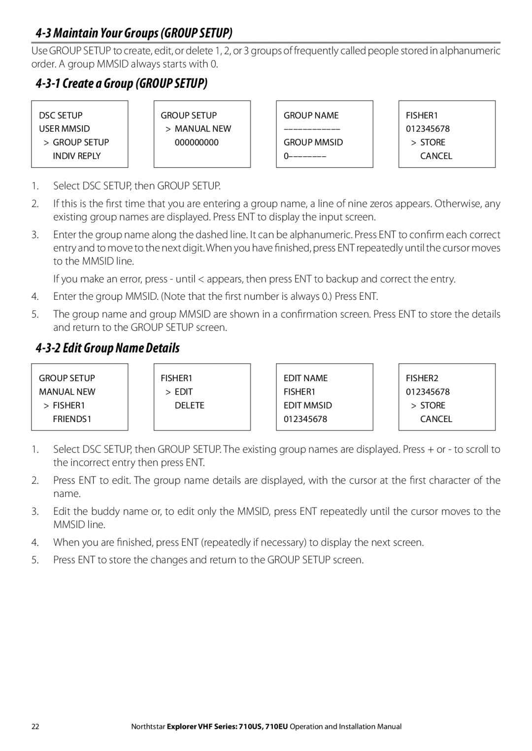 NorthStar Navigation 710 VHF Maintain Your Groups Group Setup, Create a Group Group Setup, Edit Group Name Details 