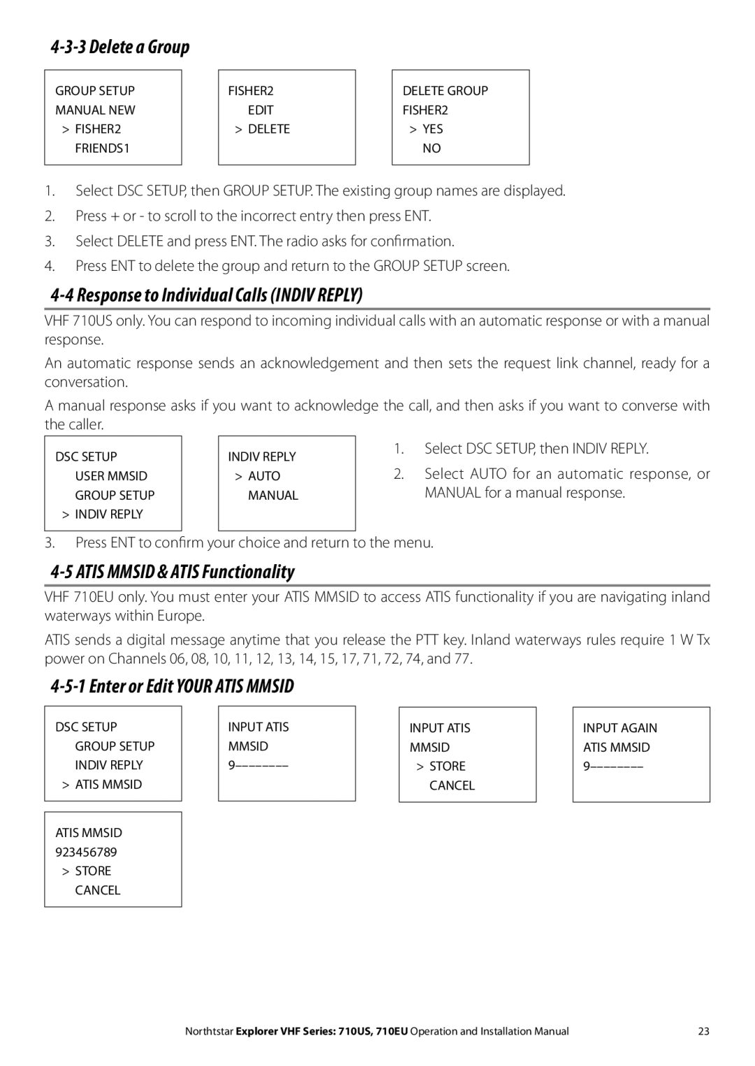 NorthStar Navigation 710 VHF Delete a Group, Response to Individual Calls Indiv Reply, Atis Mmsid & Atis Functionality 