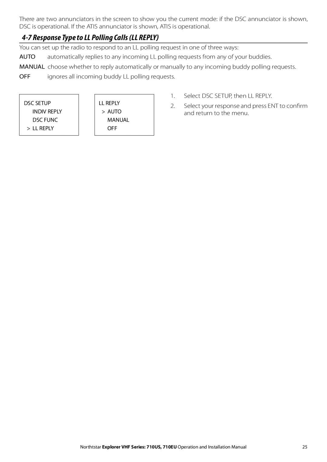 NorthStar Navigation 710 VHF installation manual DSC Setup LL Reply, Indiv Reply Auto, DSC Func Manual LL Reply OFF 