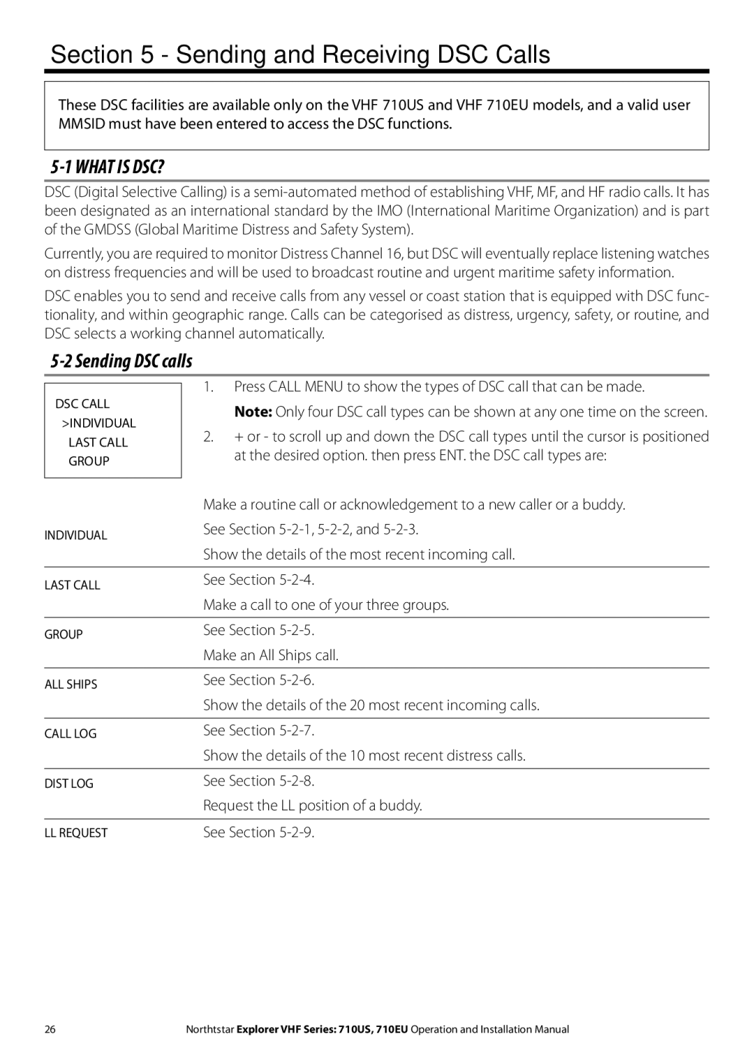 NorthStar Navigation 710 VHF installation manual Sending and Receiving DSC Calls, Sending DSC calls 