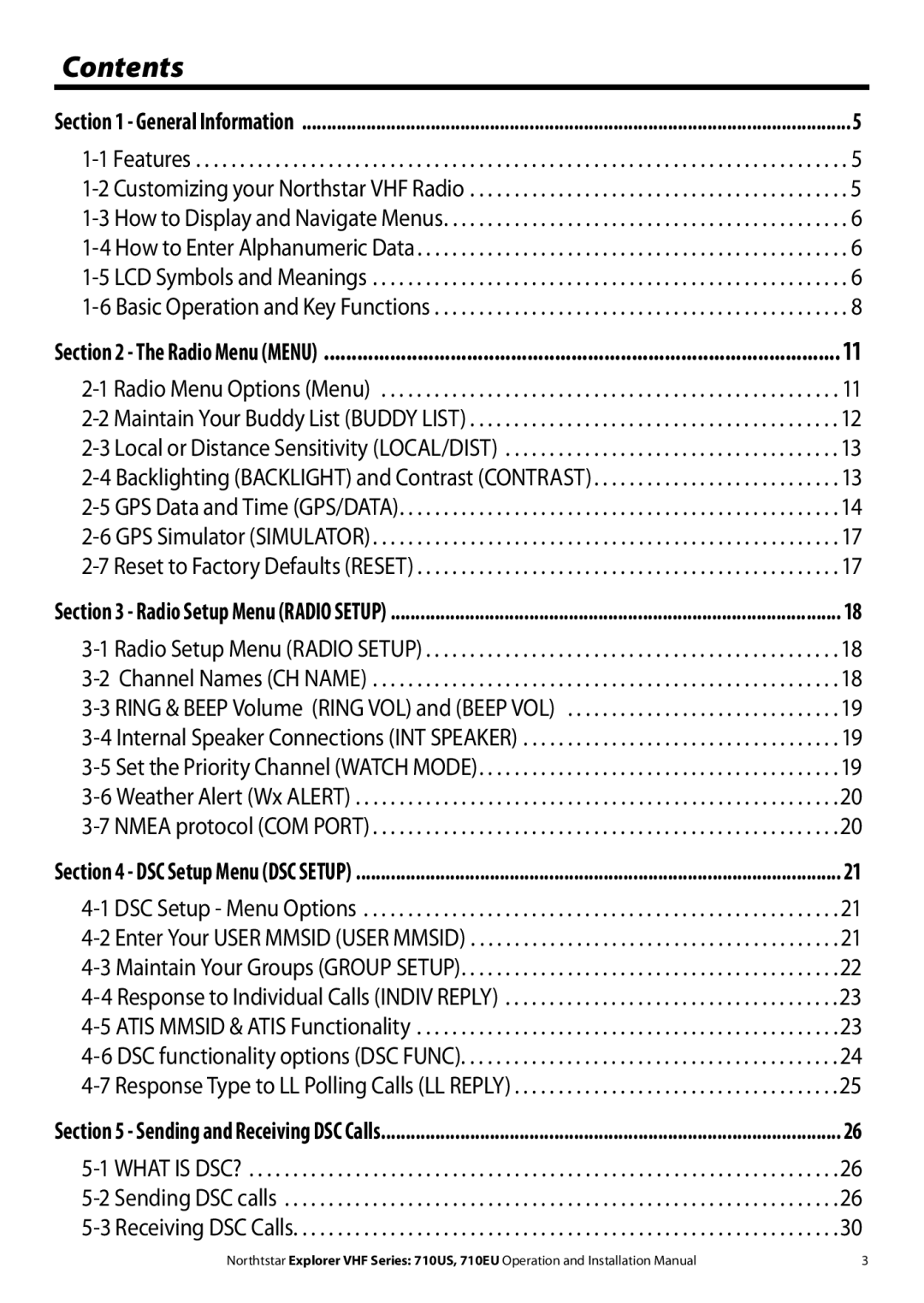 NorthStar Navigation 710 VHF installation manual Contents 