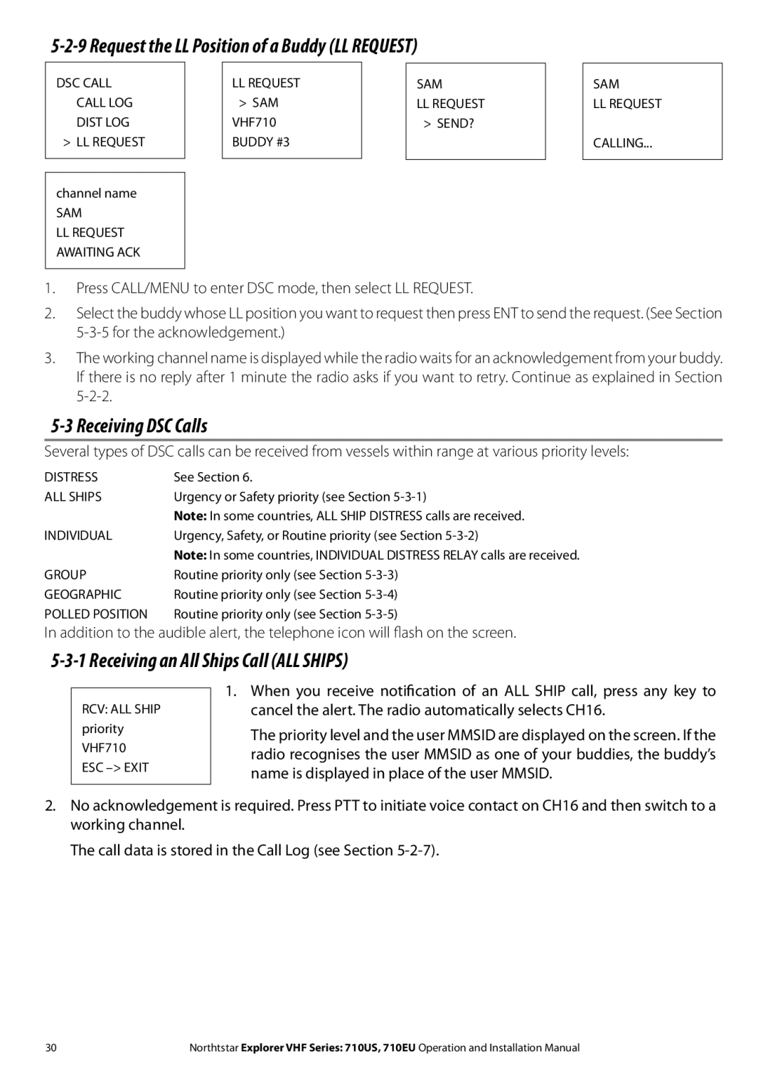 NorthStar Navigation 710 VHF installation manual Request the LL Position of a Buddy LL Request, Receiving DSC Calls 