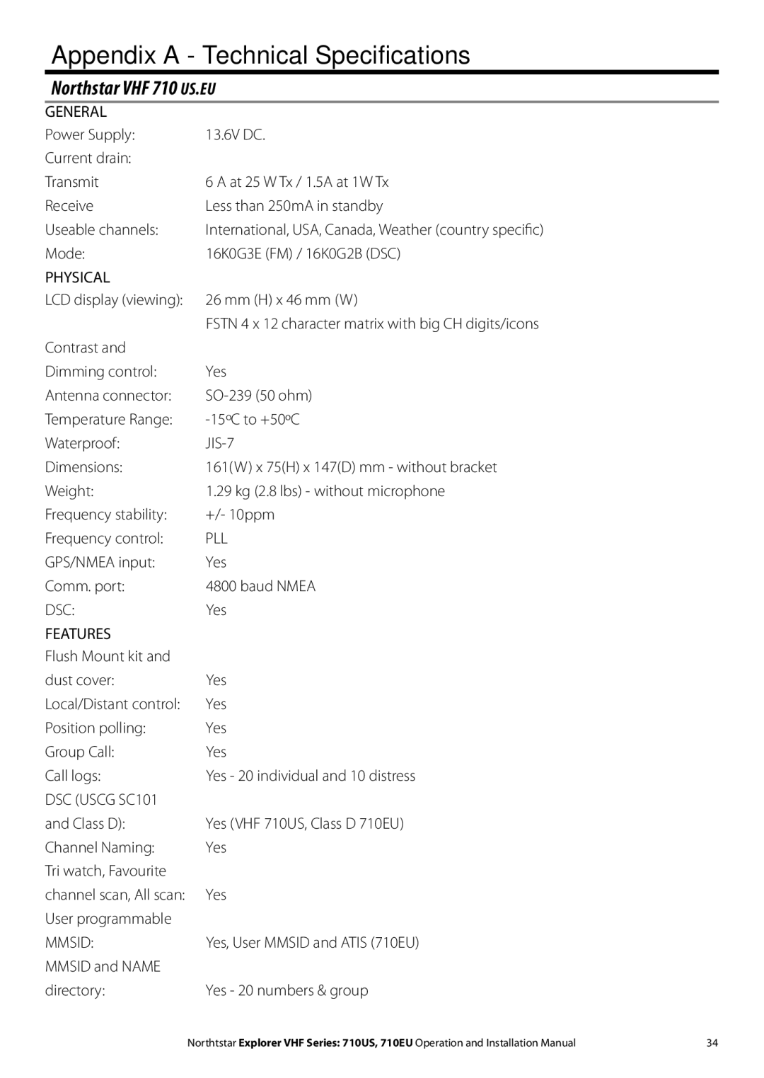 NorthStar Navigation 710 VHF installation manual Appendix a Technical Specifications, Northstar VHF 710 US.EU 