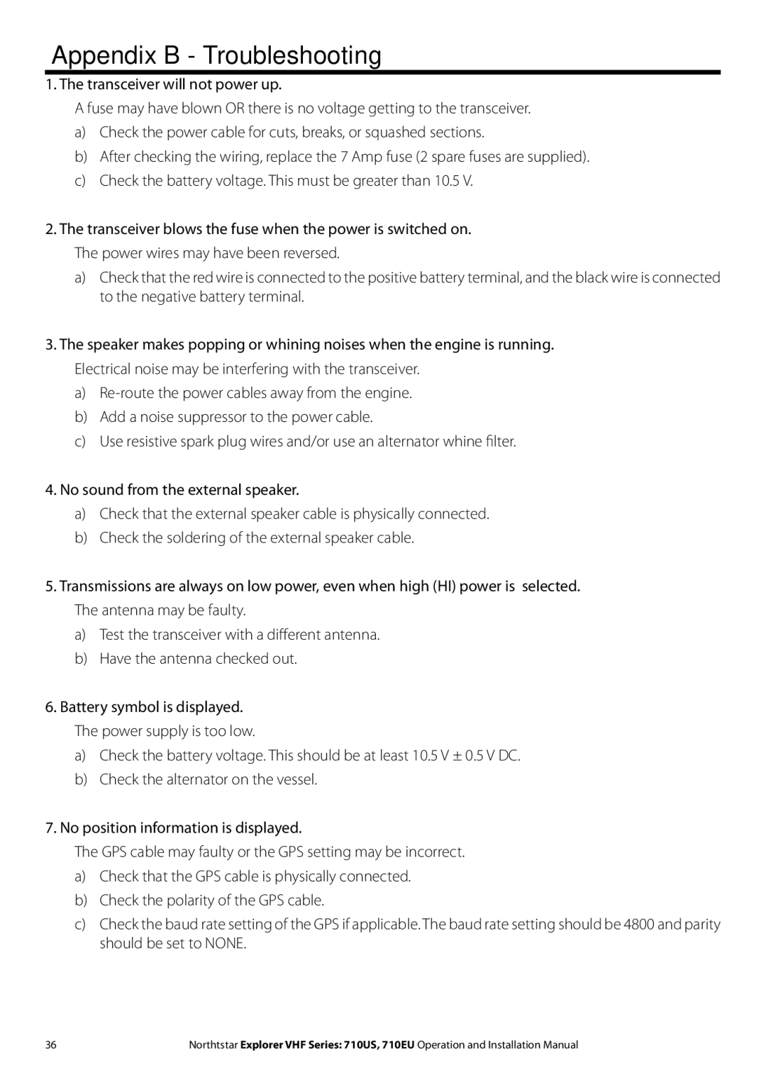 NorthStar Navigation 710 VHF installation manual Appendix B Troubleshooting 