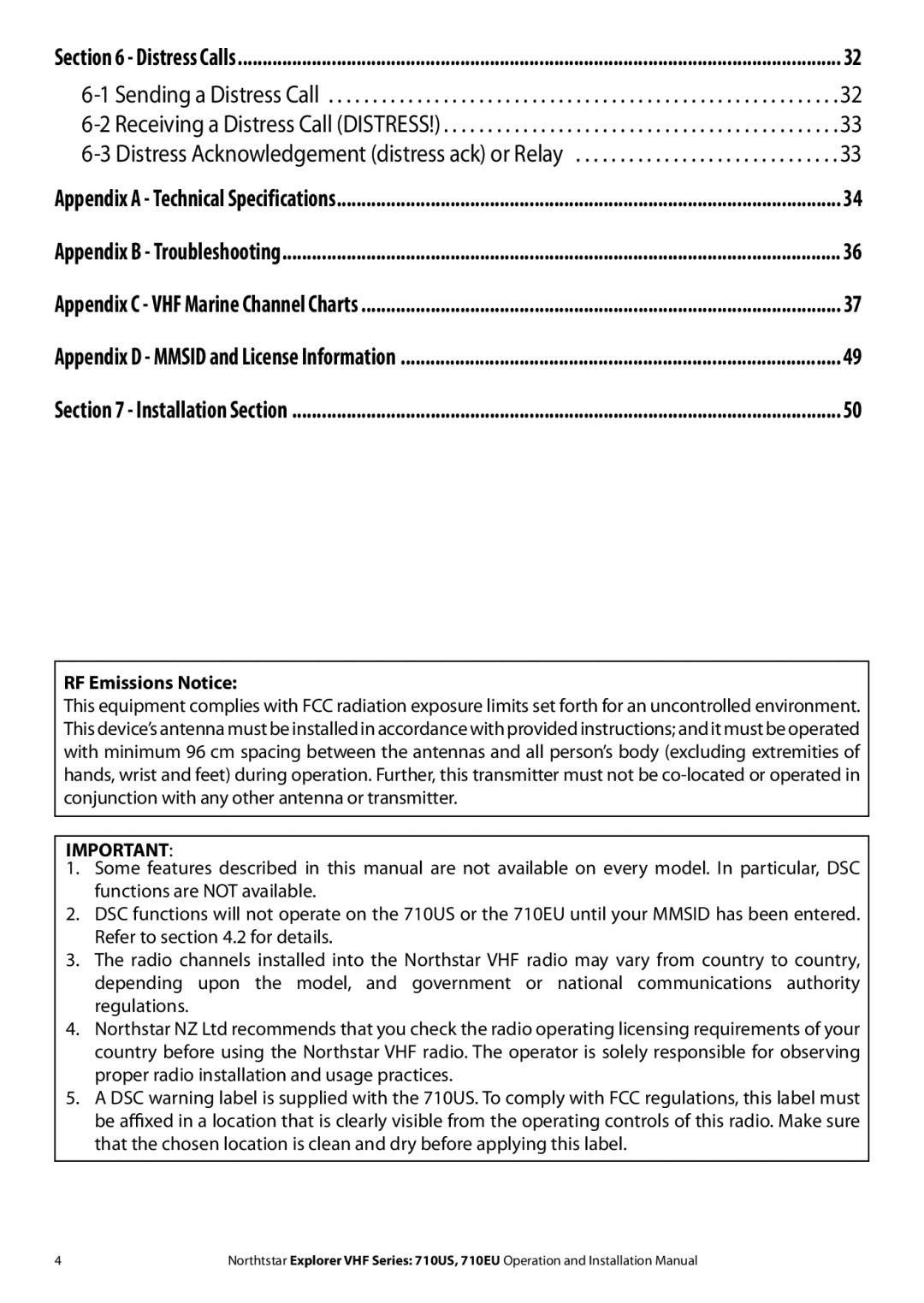 NorthStar Navigation 710 VHF installation manual RF Emissions Notice 