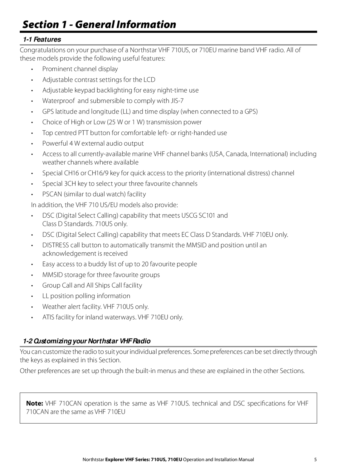 NorthStar Navigation 710 VHF installation manual General Information, Features, Customizing your Northstar VHF Radio 