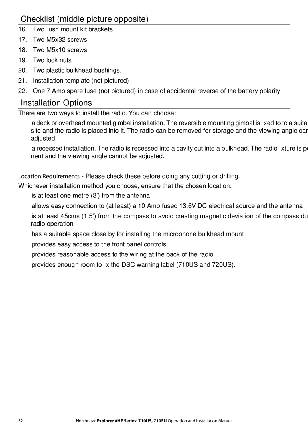 NorthStar Navigation 710 VHF installation manual Checklist middle picture opposite, Installation Options 