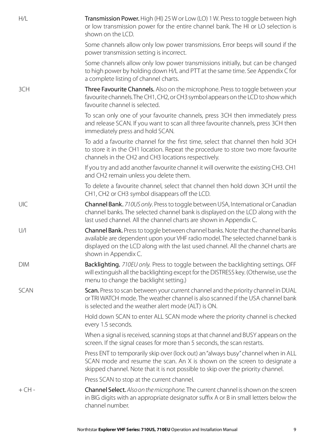 NorthStar Navigation 710 VHF installation manual 3CH, Uic, Dim, Scan 