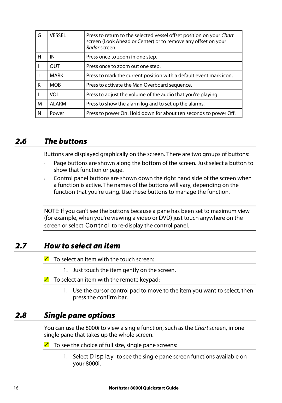 NorthStar Navigation 8000I quick start Buttons, How to select an item, Single pane options 