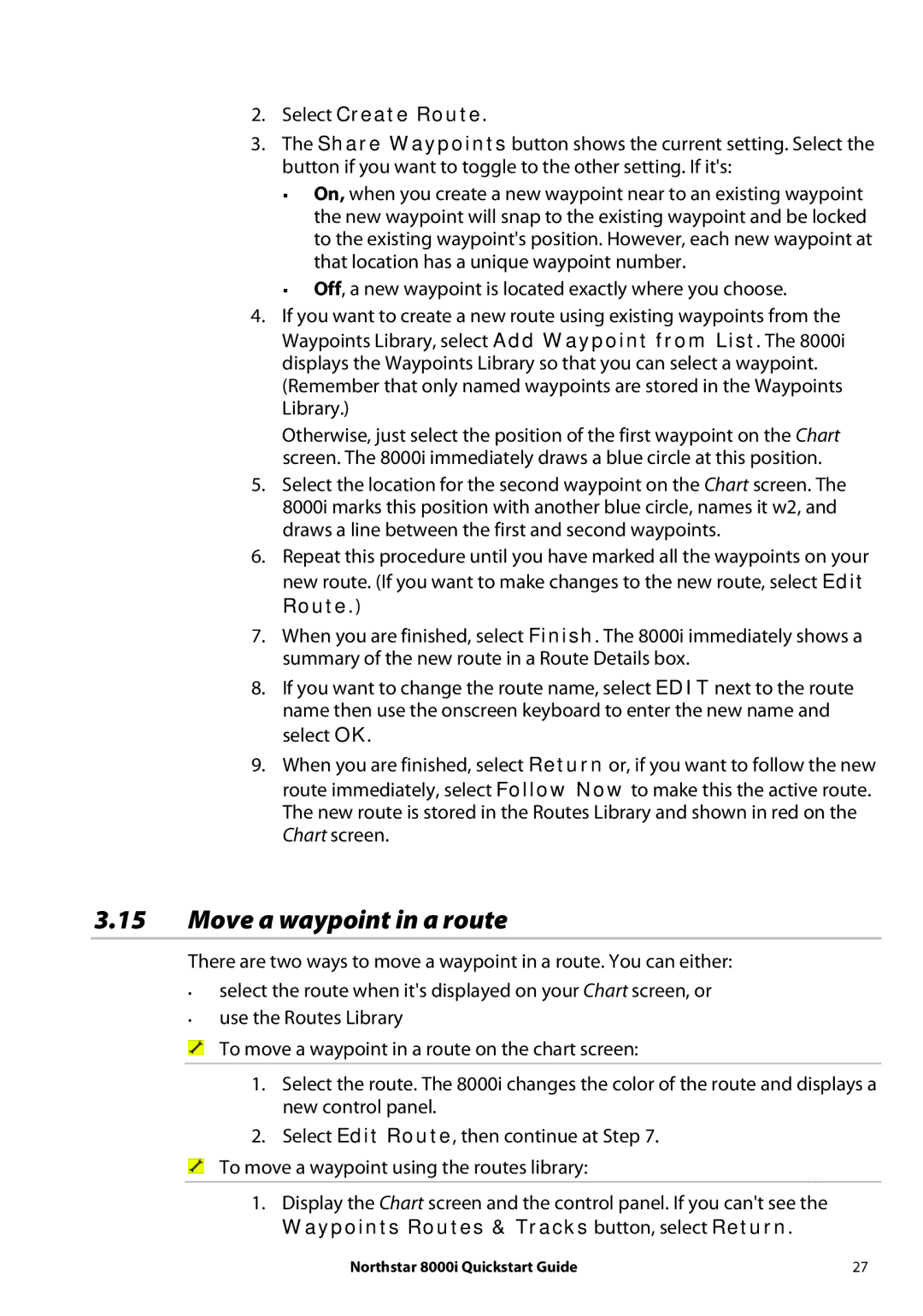 NorthStar Navigation 8000I quick start Move a waypoint in a route, Select Create Route 