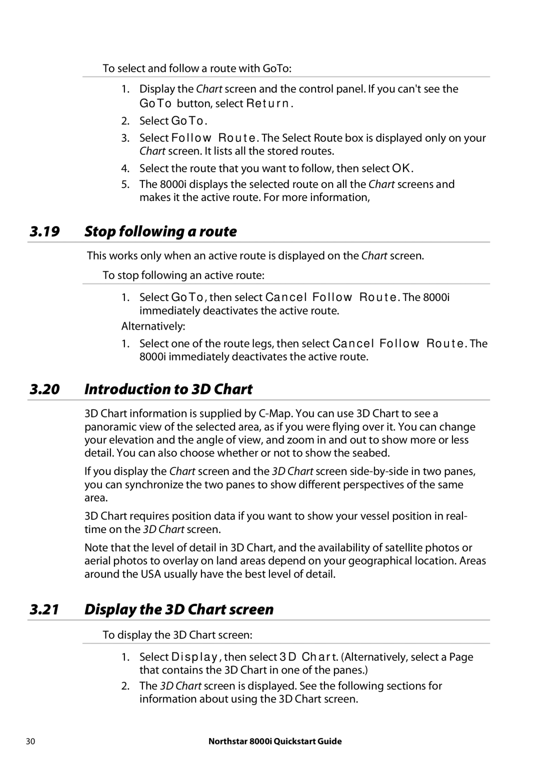 NorthStar Navigation 8000I quick start Stop following a route, Introduction to 3D Chart, Display the 3D Chart screen 