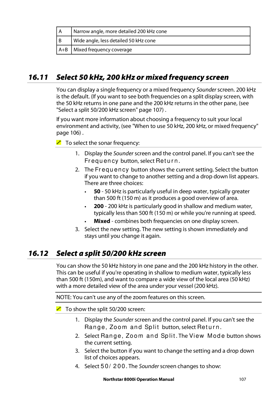 NorthStar Navigation 8000I Select 50 kHz, 200 kHz or mixed frequency screen, Select a split 50/200 kHz screen 