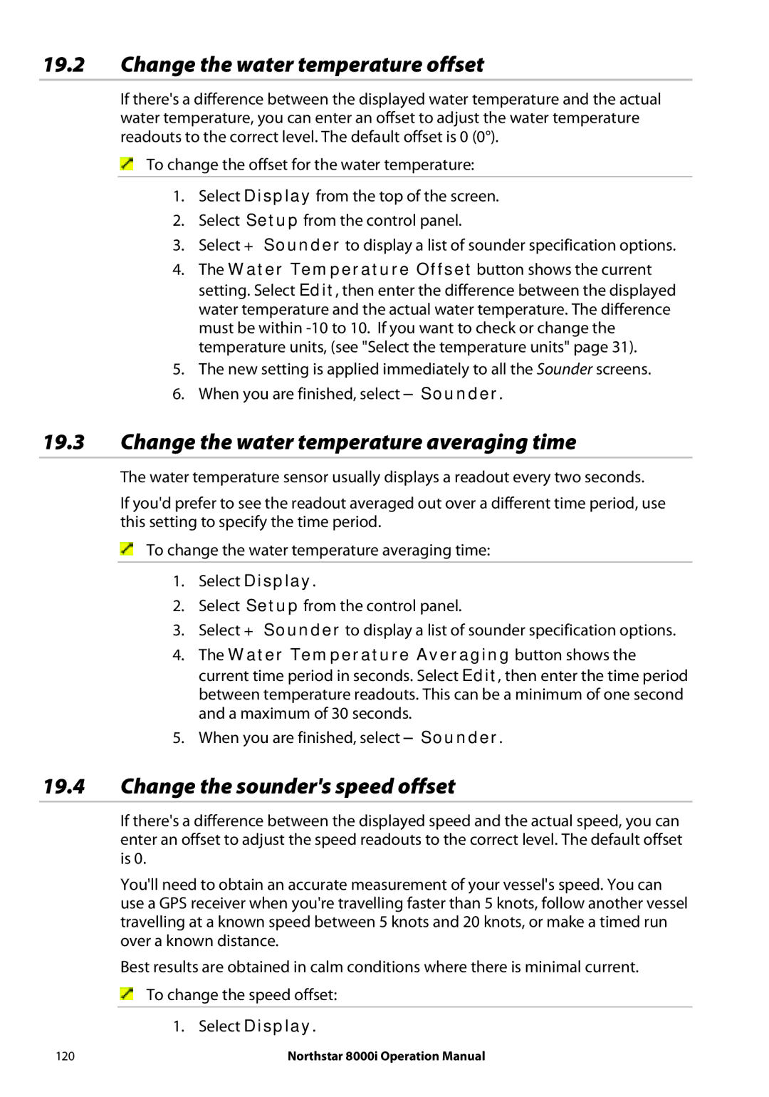 NorthStar Navigation 8000I Change the water temperature offset, Change the water temperature averaging time 