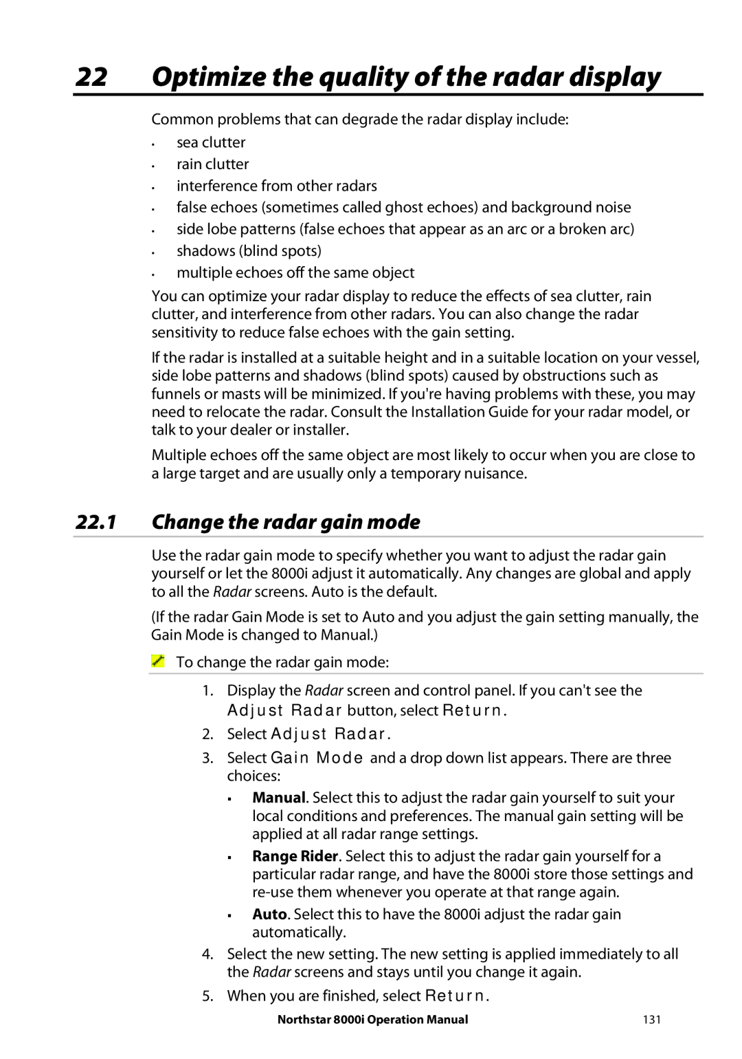 NorthStar Navigation 8000I operation manual Optimize the quality of the radar display, Change the radar gain mode 