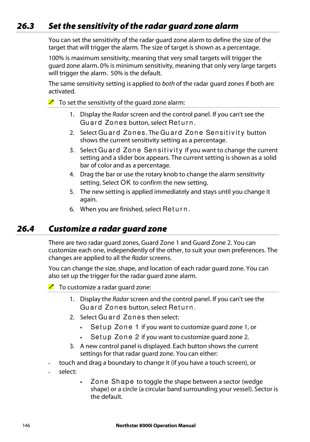 NorthStar Navigation 8000I operation manual Set the sensitivity of the radar guard zone alarm, Customize a radar guard zone 