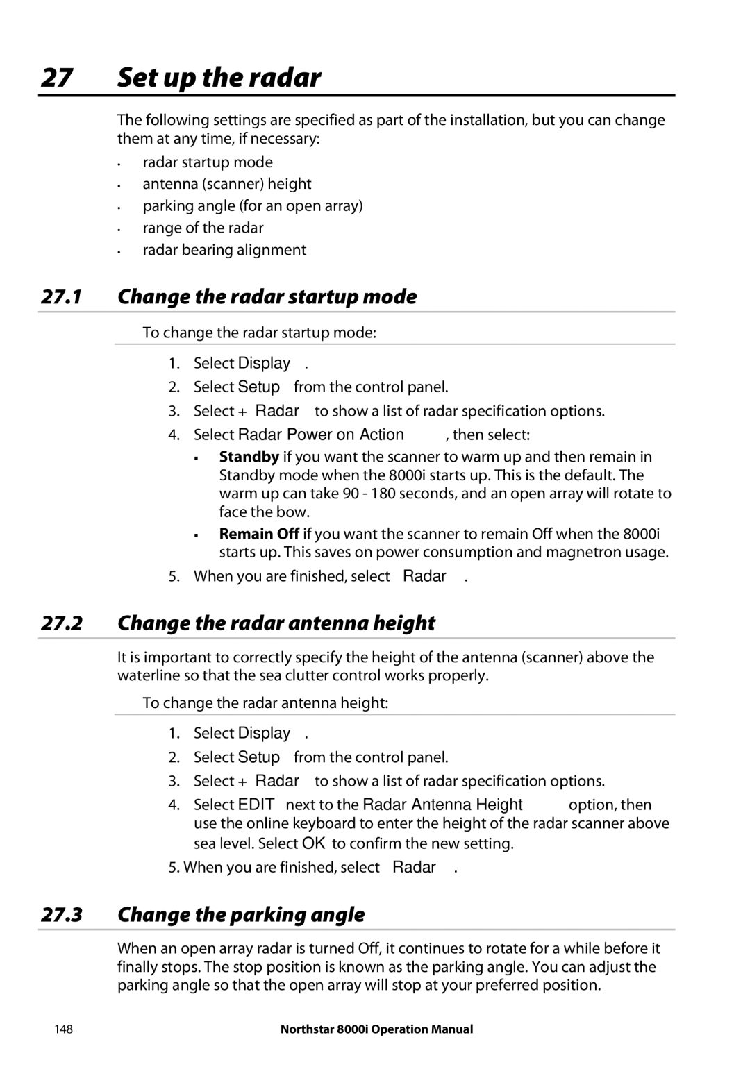 NorthStar Navigation 8000I Set up the radar, Change the radar startup mode, Change the radar antenna height 