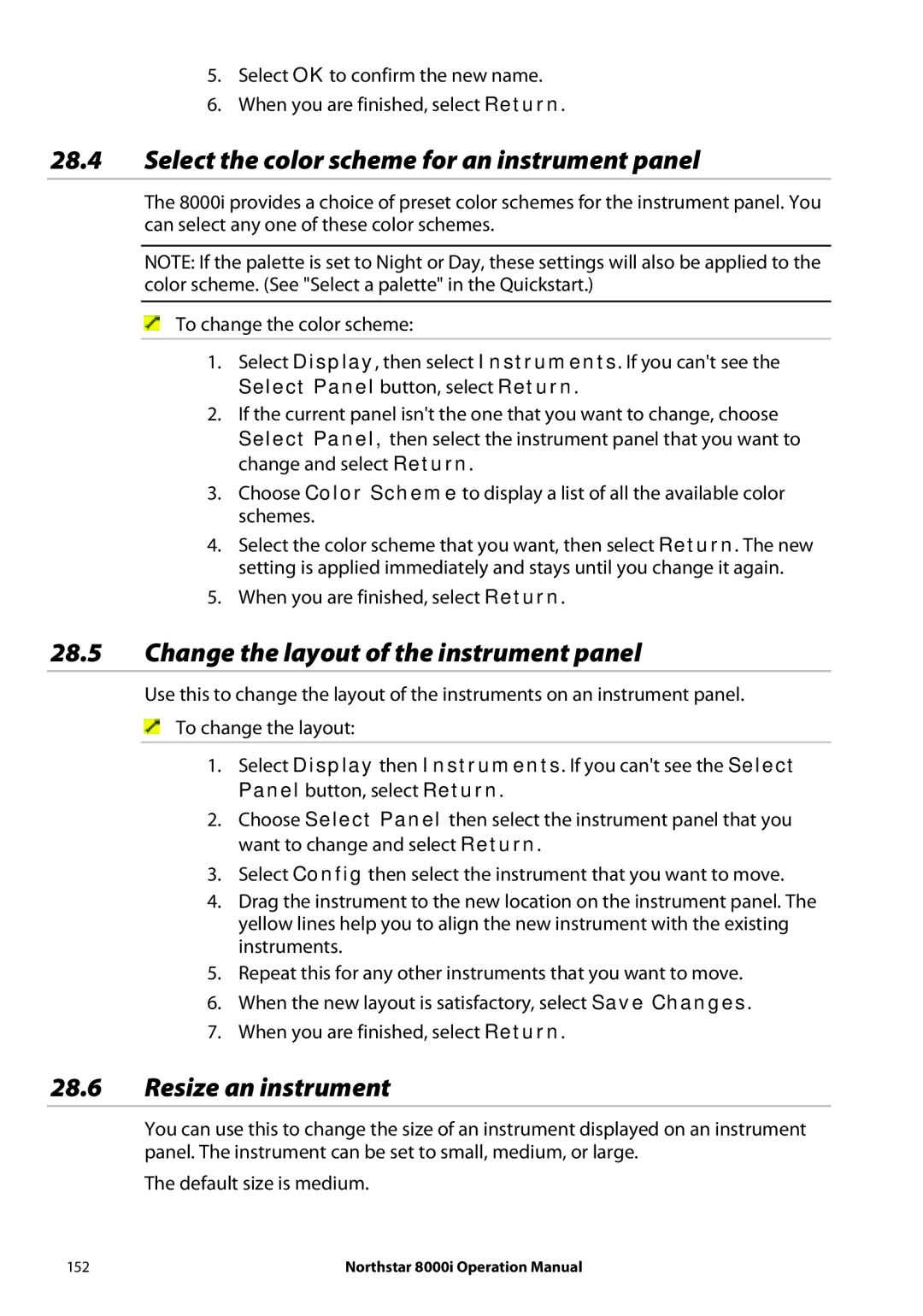 NorthStar Navigation 8000I Select the color scheme for an instrument panel, Change the layout of the instrument panel 