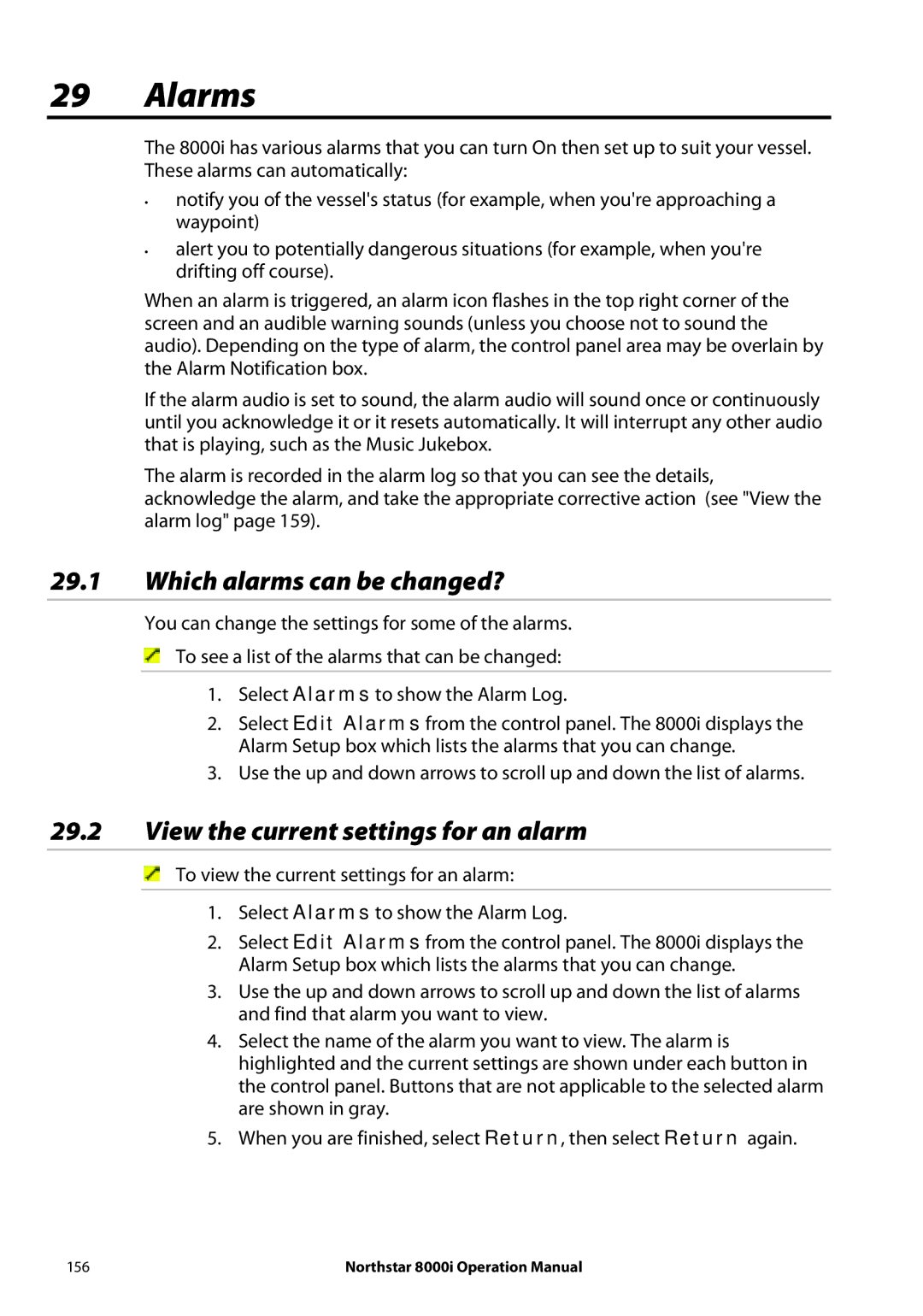 NorthStar Navigation 8000I operation manual Alarms, Which alarms can be changed?, View the current settings for an alarm 