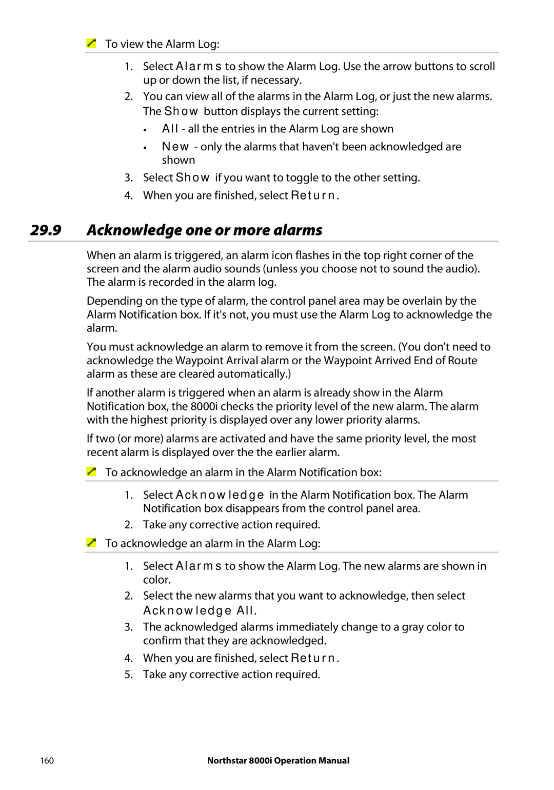 NorthStar Navigation 8000I operation manual Acknowledge one or more alarms, Acknowledge All 