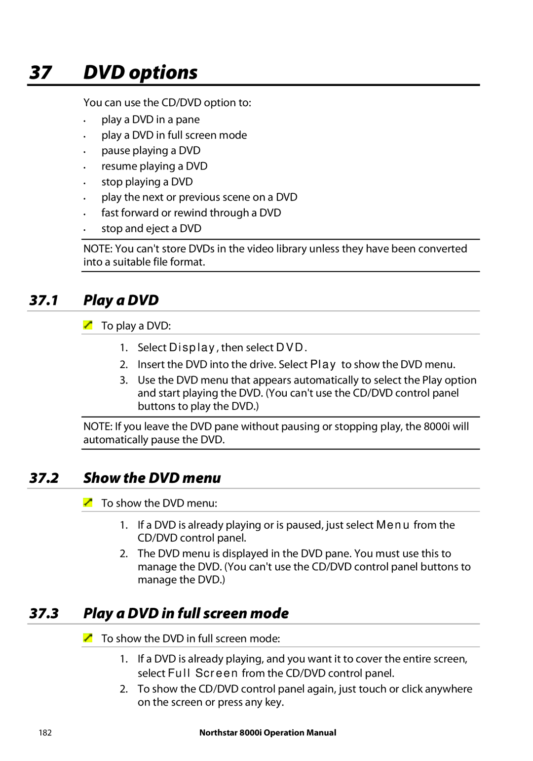 NorthStar Navigation 8000I operation manual DVD options, Show the DVD menu, Play a DVD in full screen mode 