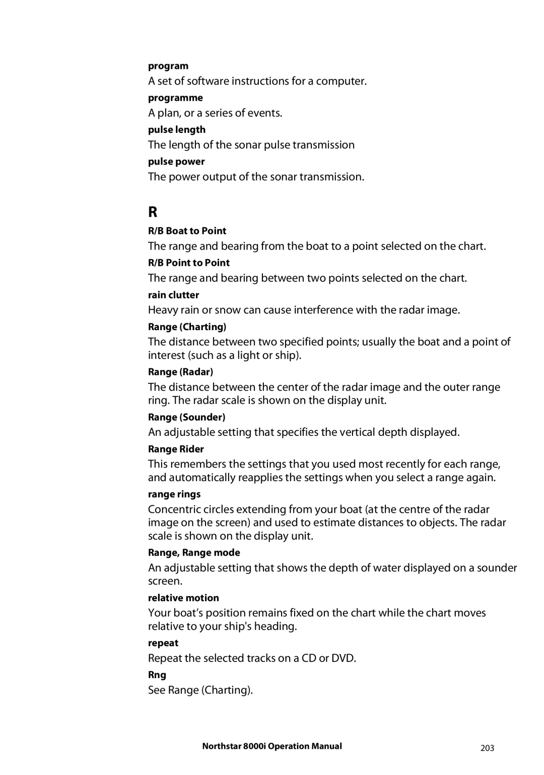 NorthStar Navigation 8000I Set of software instructions for a computer, Plan, or a series of events, See Range Charting 