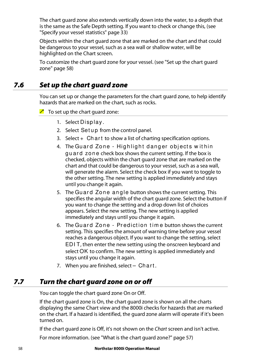 NorthStar Navigation 8000I operation manual Set up the chart guard zone, Turn the chart guard zone on or off 