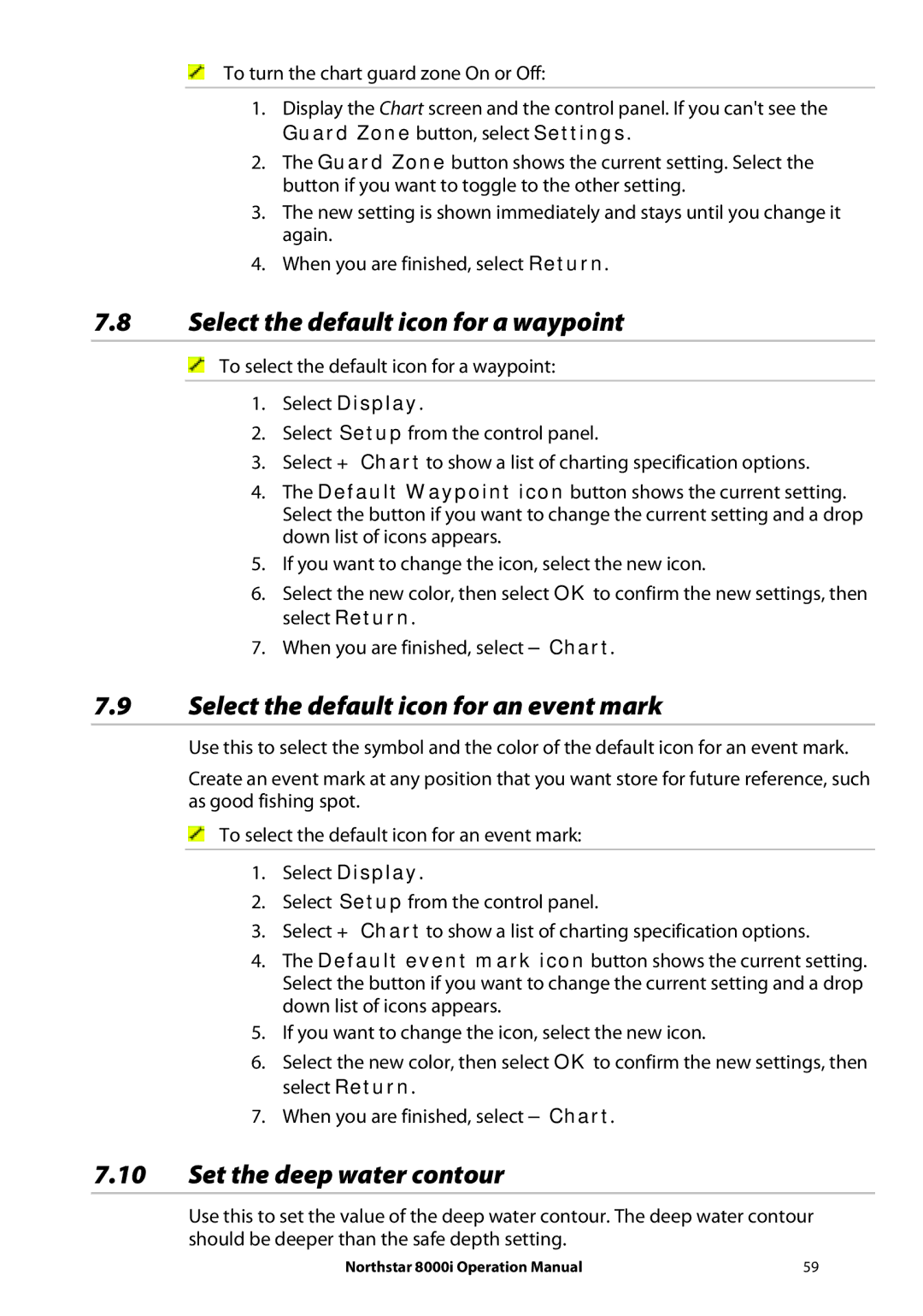 NorthStar Navigation 8000I Select the default icon for a waypoint, Select the default icon for an event mark 