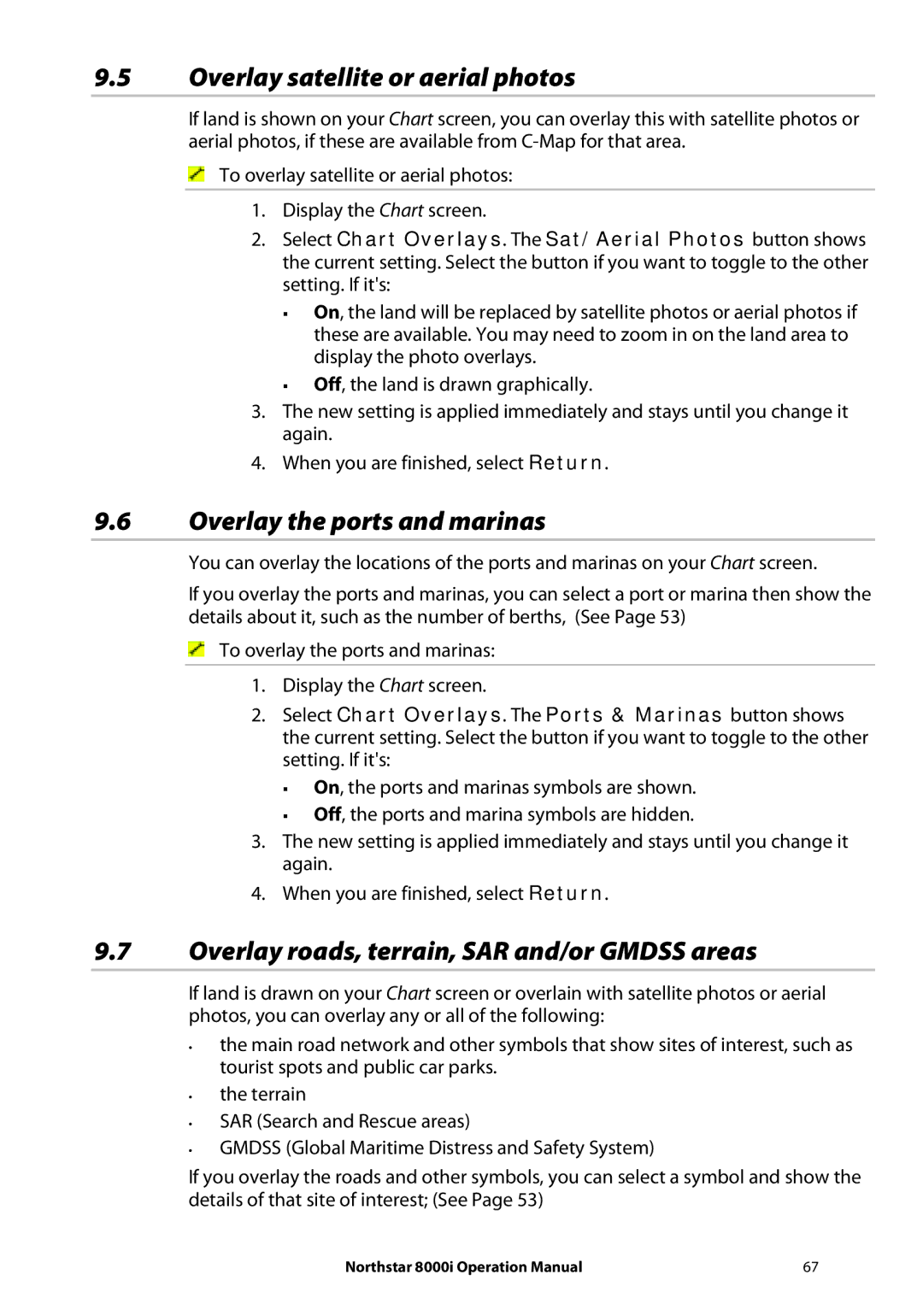 NorthStar Navigation 8000I operation manual Overlay satellite or aerial photos, Overlay the ports and marinas 