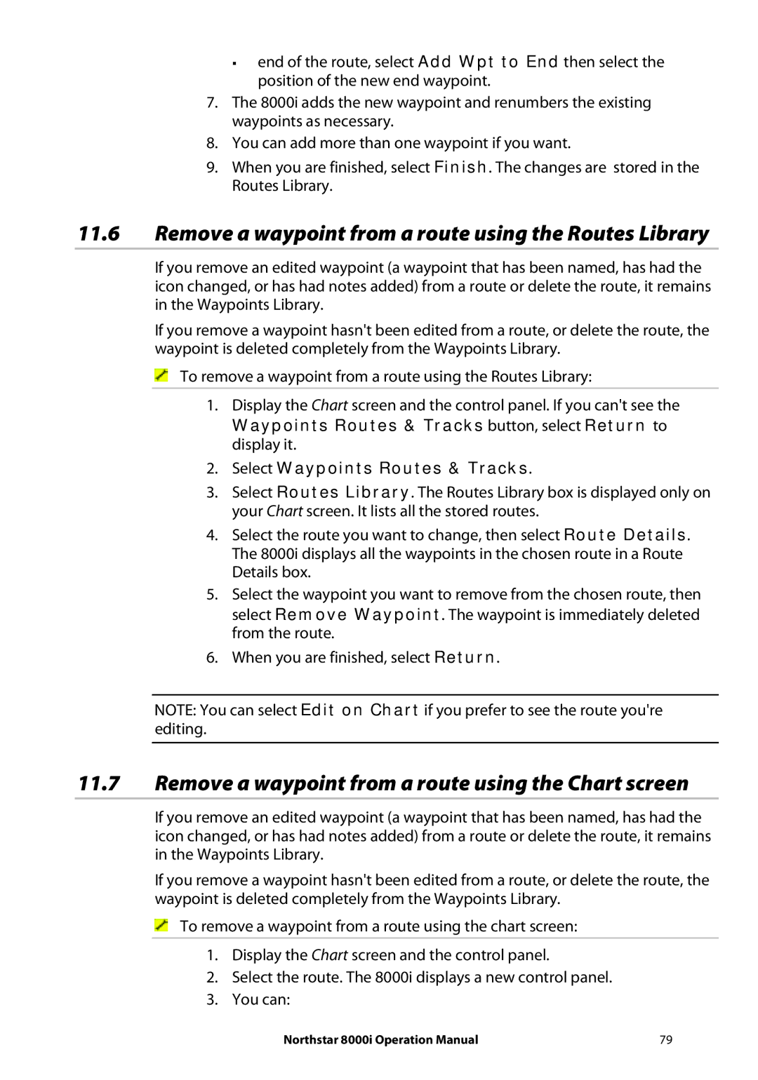 NorthStar Navigation 8000I operation manual Remove a waypoint from a route using the Routes Library 