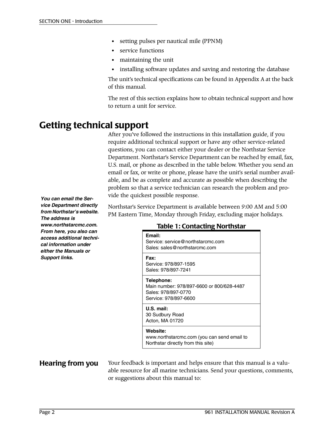 NorthStar Navigation 961XD installation manual Getting technical support, Hearing from you, Contacting Northstar 