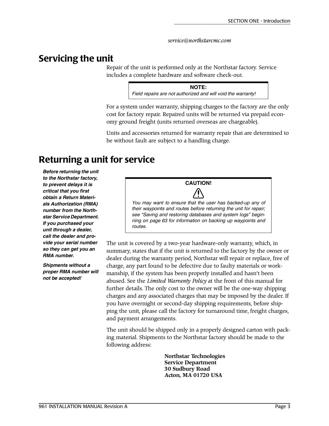 NorthStar Navigation 961XD installation manual Servicing the unit, Returning a unit for service 