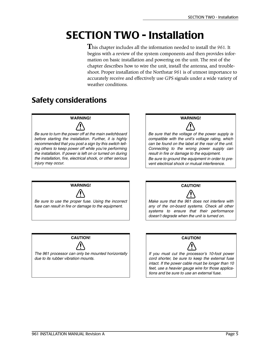 NorthStar Navigation 961XD installation manual Section TWO Installation, Safety considerations 