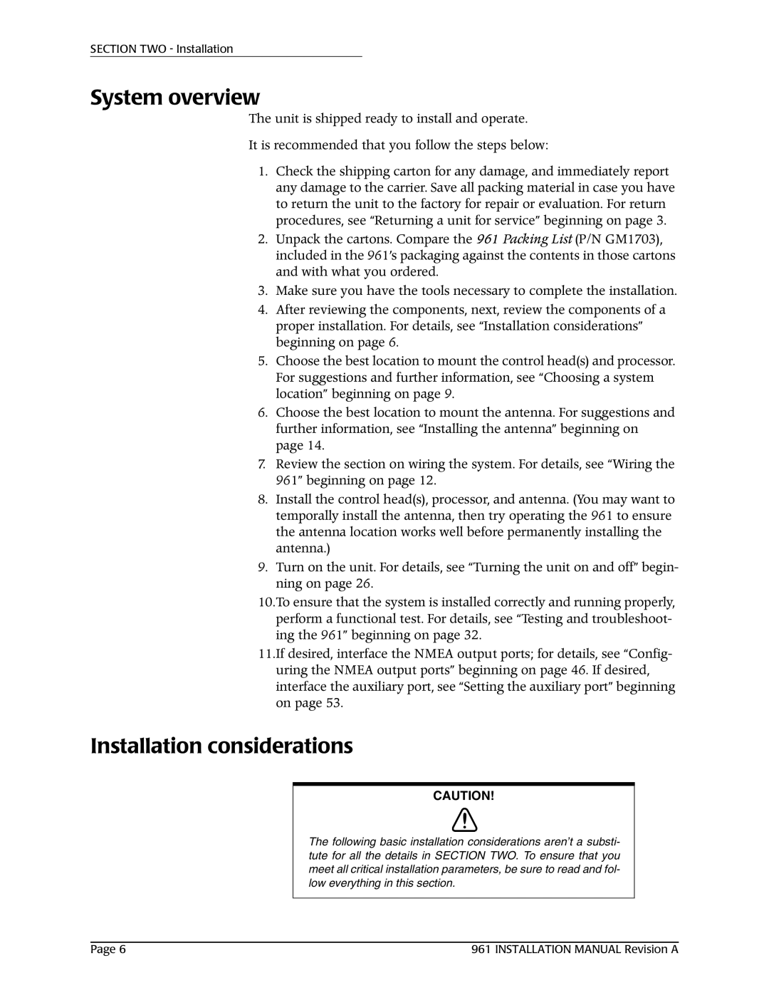 NorthStar Navigation 961XD installation manual System overview, Installation considerations 