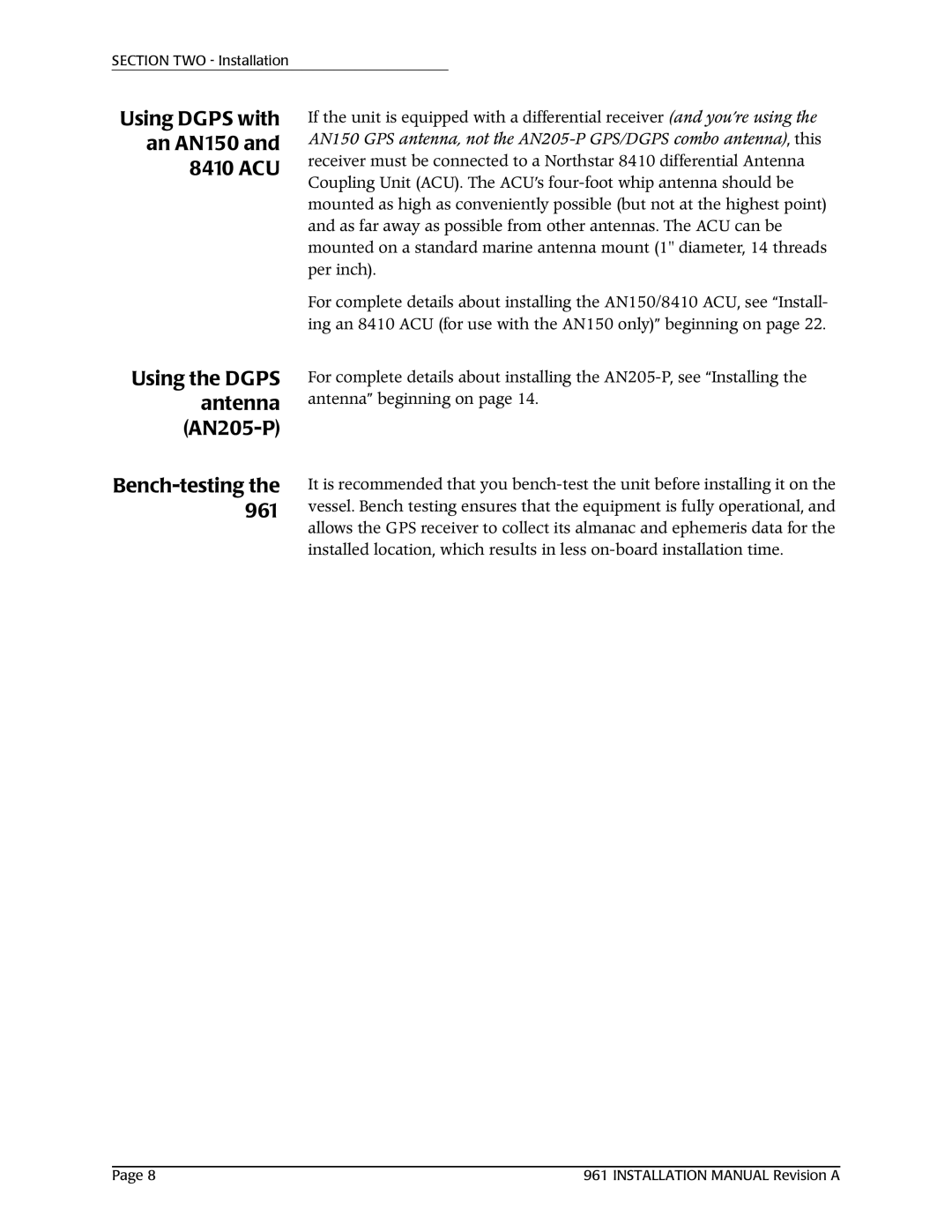 NorthStar Navigation 961XD installation manual Section TWO Installation 