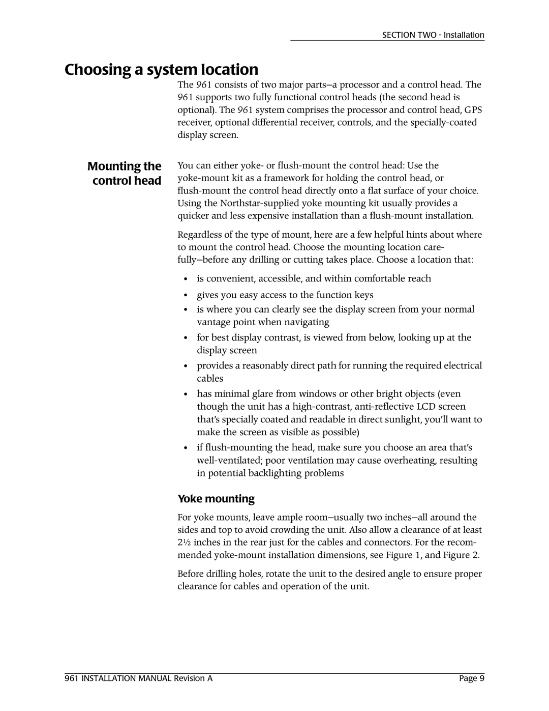 NorthStar Navigation 961XD installation manual Choosing a system location, Mounting the control head, Yoke mounting 