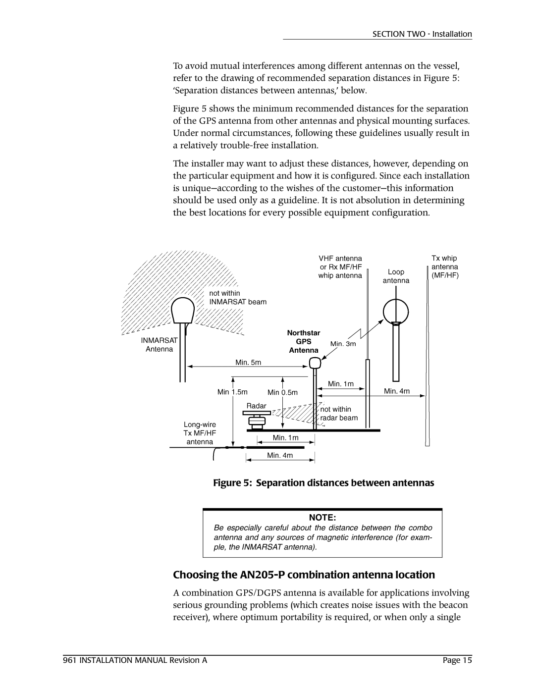 NorthStar Navigation 961XD Choosing the AN205-P combination antenna location, Separation distances between antennas 