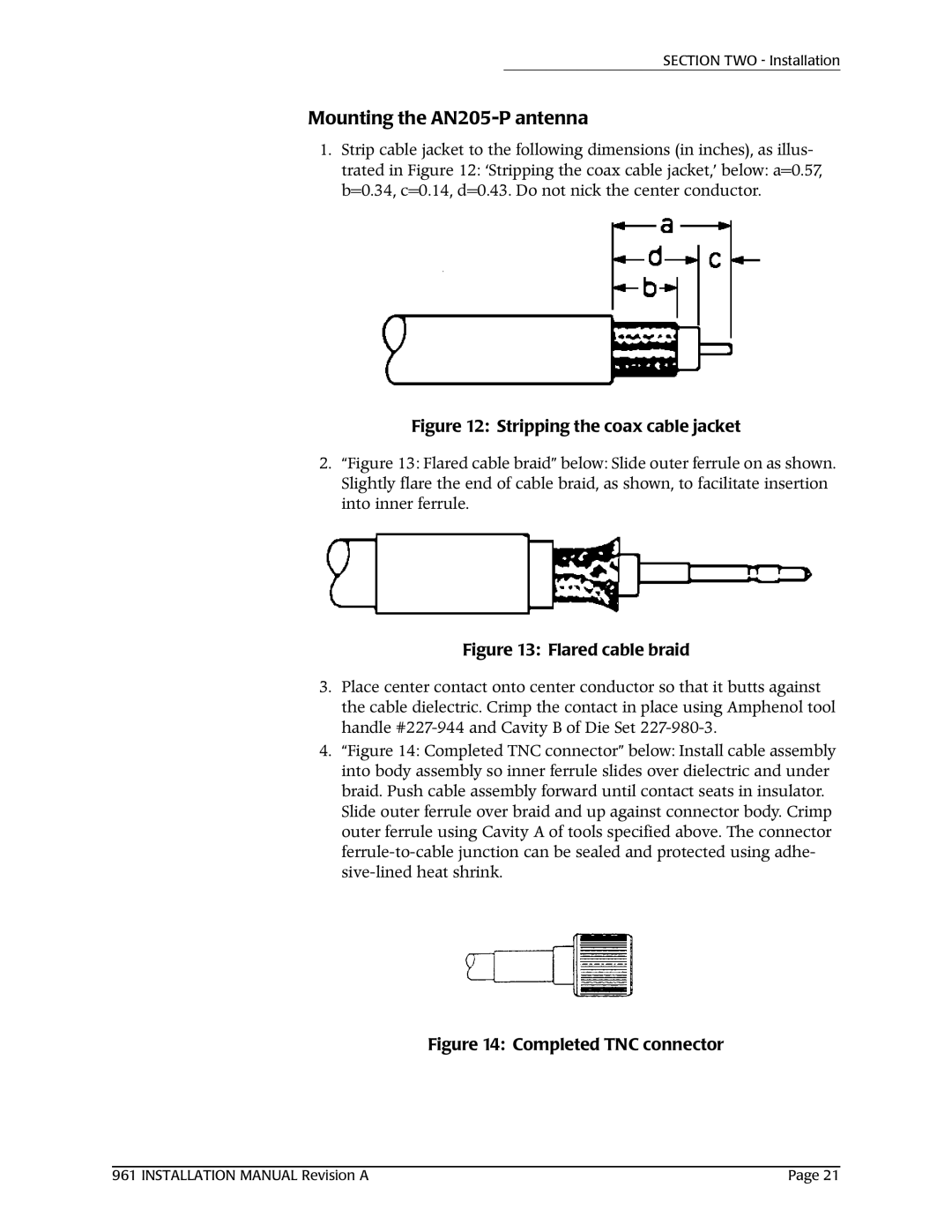 NorthStar Navigation 961XD installation manual Mounting the AN205-P antenna, Completed TNC connector 