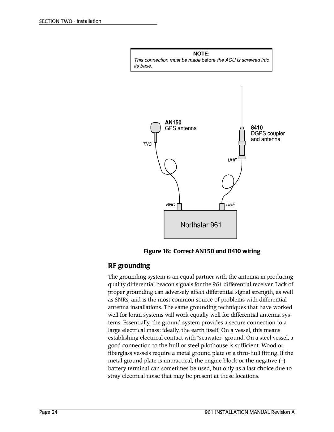 NorthStar Navigation 961XD installation manual RF grounding, Correct AN150 and 8410 wiring 