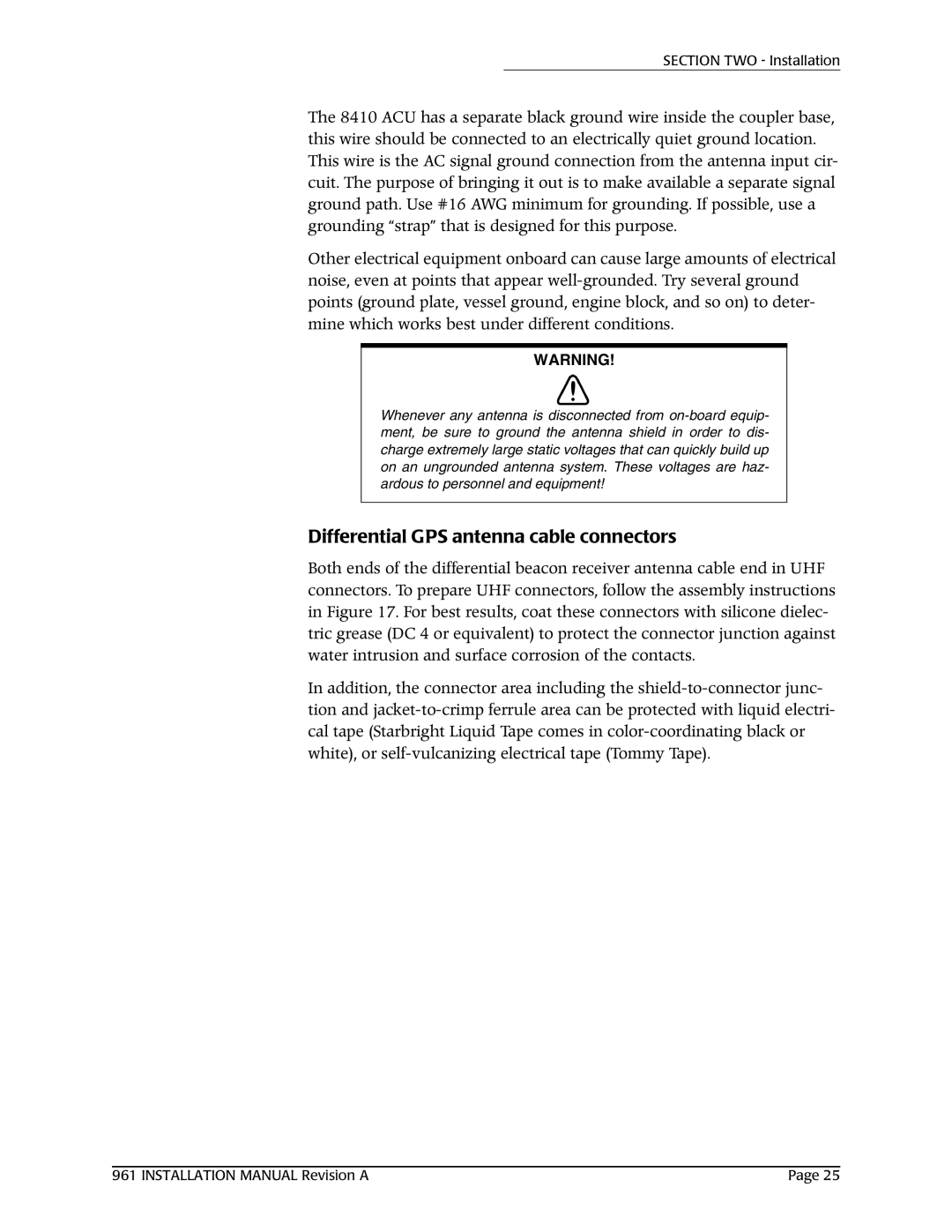 NorthStar Navigation 961XD installation manual Differential GPS antenna cable connectors 