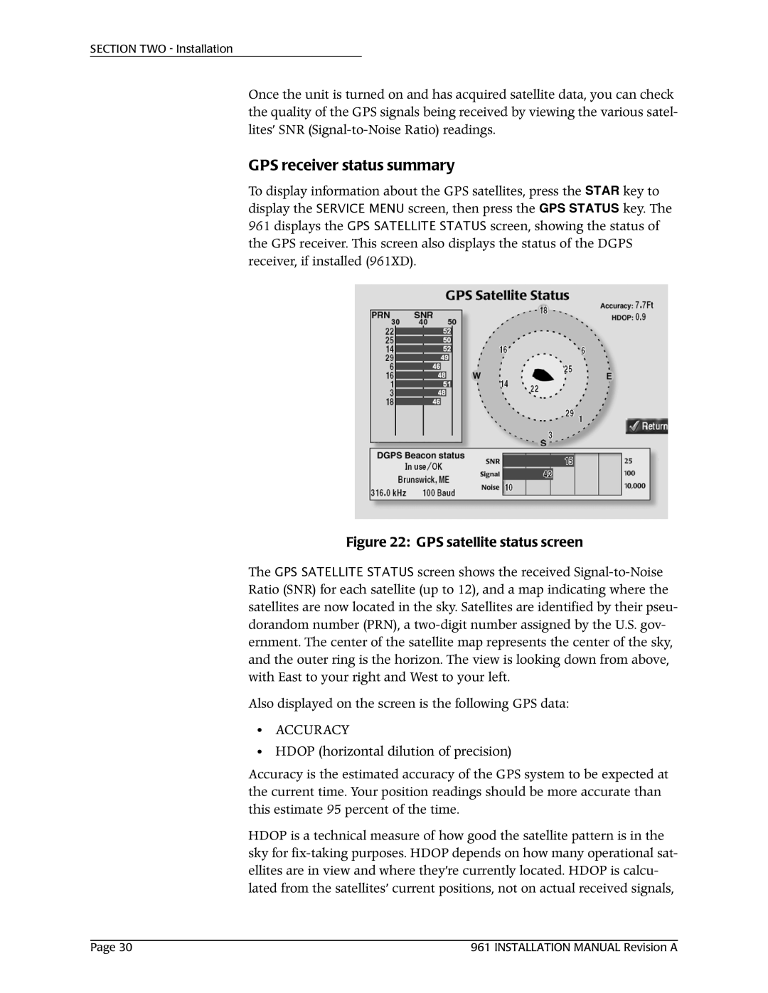 NorthStar Navigation 961XD installation manual GPS receiver status summary, Accuracy 