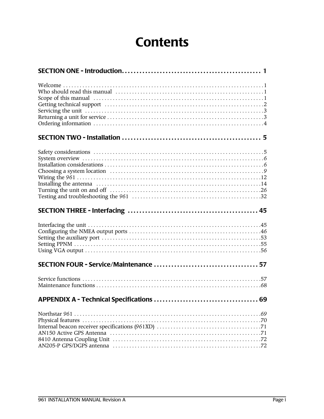 NorthStar Navigation 961XD installation manual Contents 