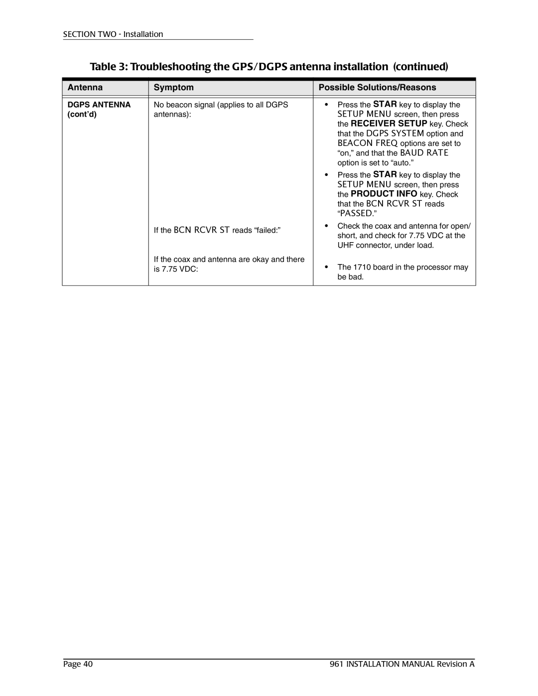 NorthStar Navigation 961XD installation manual Receiver Setup key. Check 