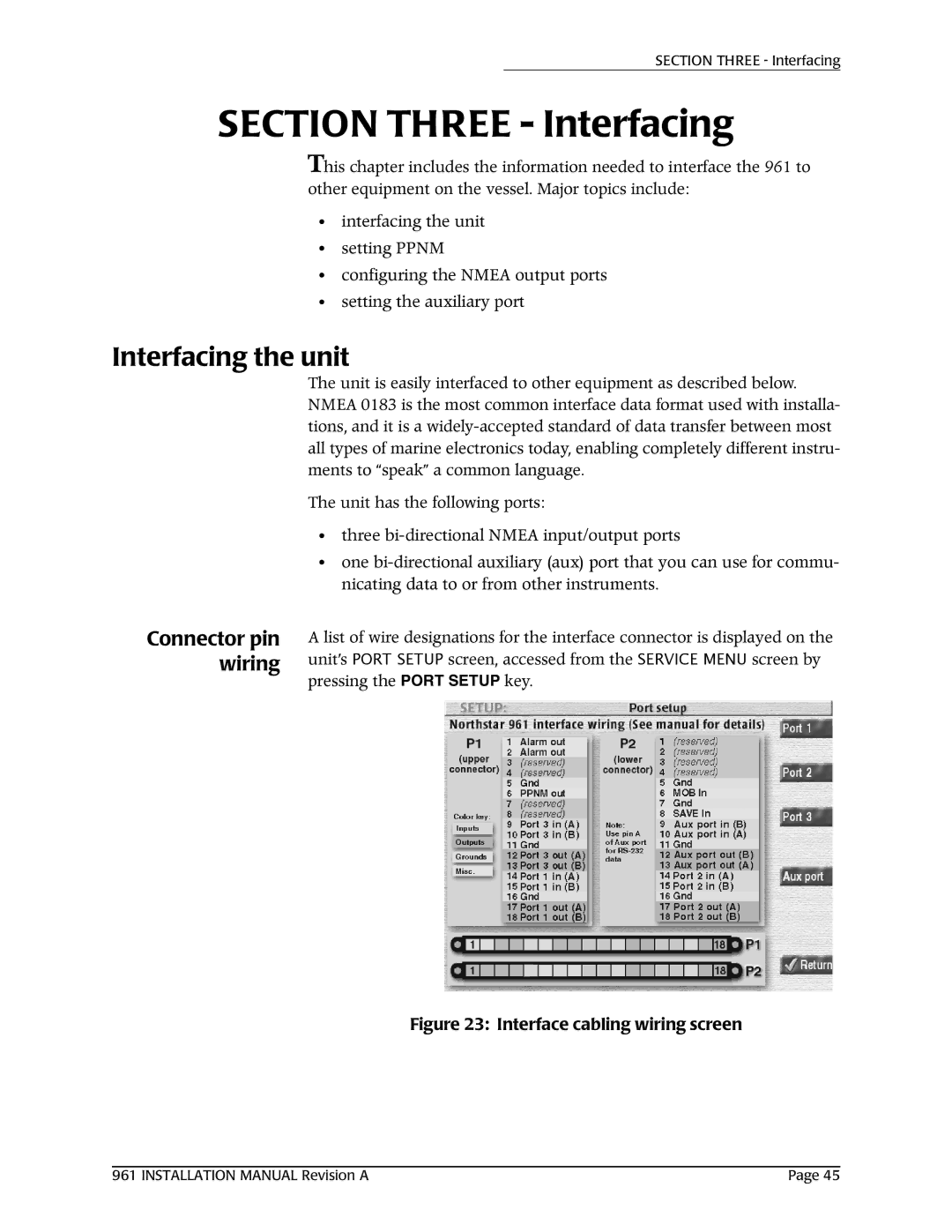 NorthStar Navigation 961XD installation manual Interfacing the unit, Connector pin wiring 