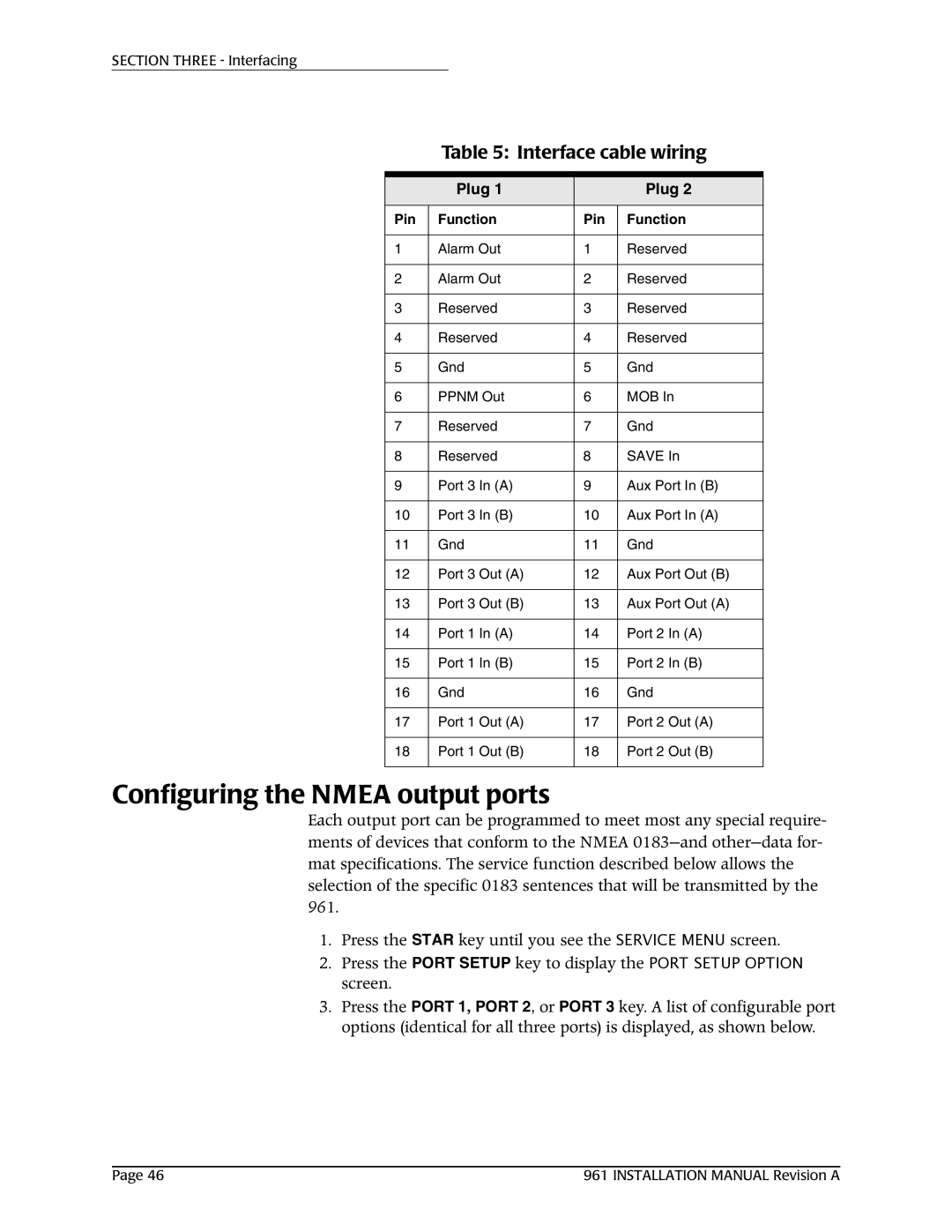 NorthStar Navigation 961XD installation manual Configuring the Nmea output ports, Interface cable wiring 