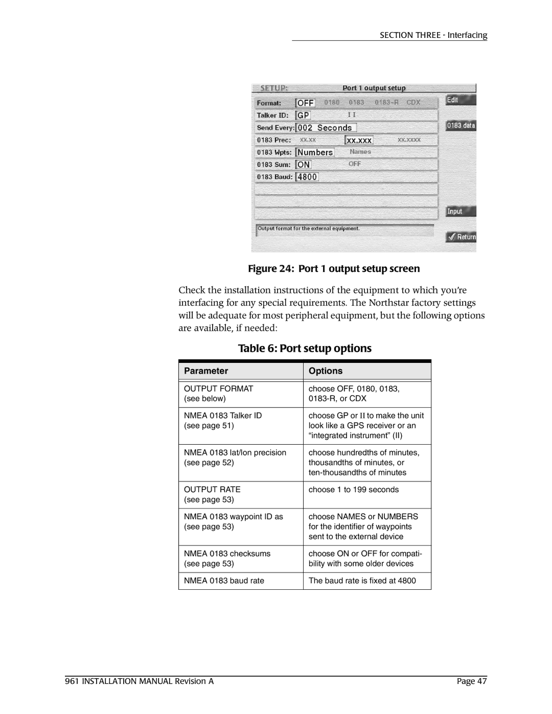 NorthStar Navigation 961XD installation manual Port setup options, Parameter Options 