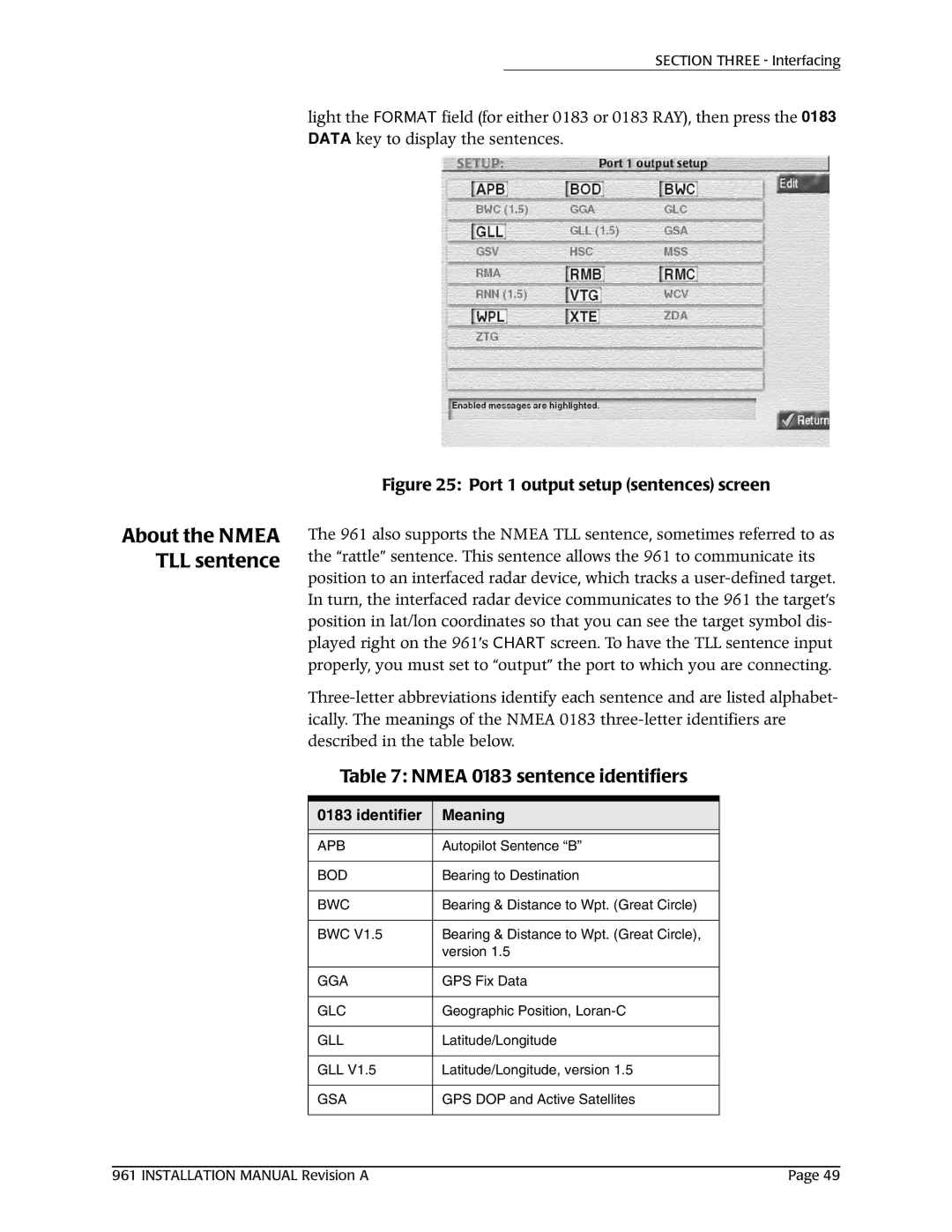NorthStar Navigation 961XD installation manual About the Nmea TLL sentence, Nmea 0183 sentence identifiers 