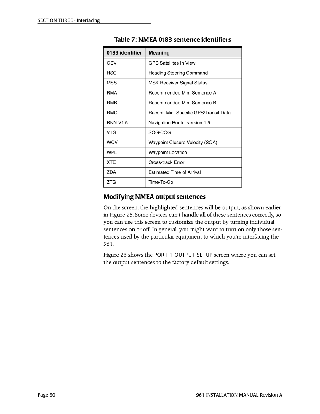 NorthStar Navigation 961XD installation manual Modifying Nmea output sentences 