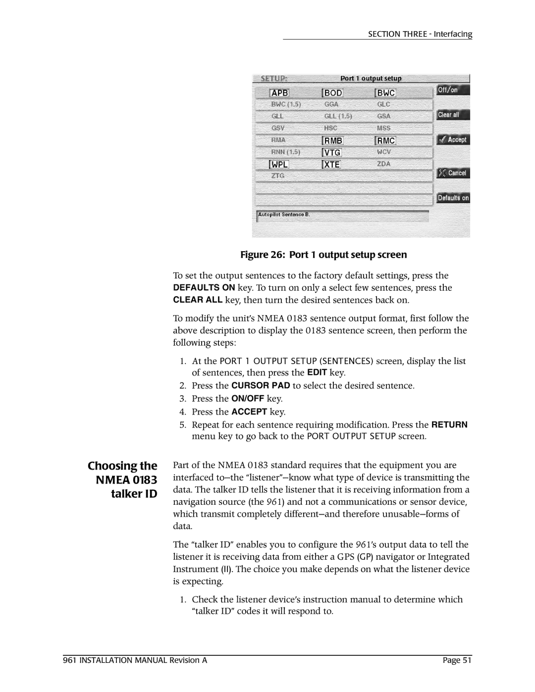 NorthStar Navigation 961XD installation manual Choosing the Nmea 0183 talker ID, Port 1 output setup screen 