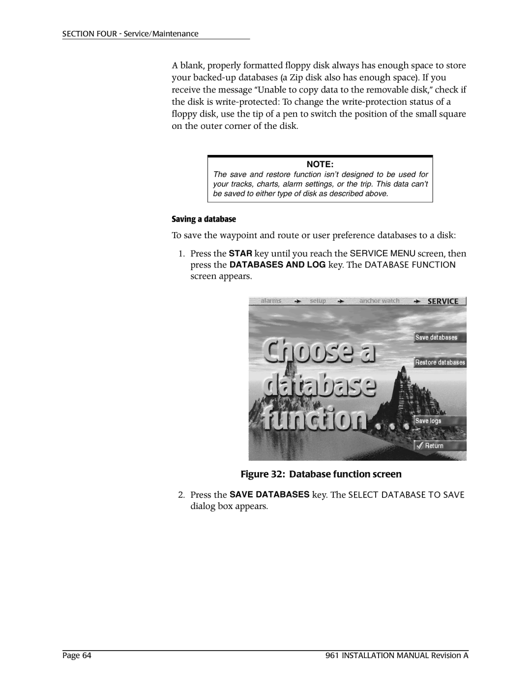 NorthStar Navigation 961XD installation manual Database function screen 