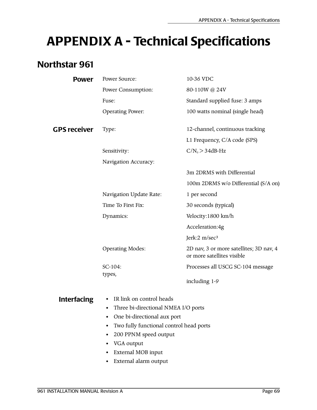 NorthStar Navigation 961XD installation manual Northstar, Power GPS receiver, Interfacing 